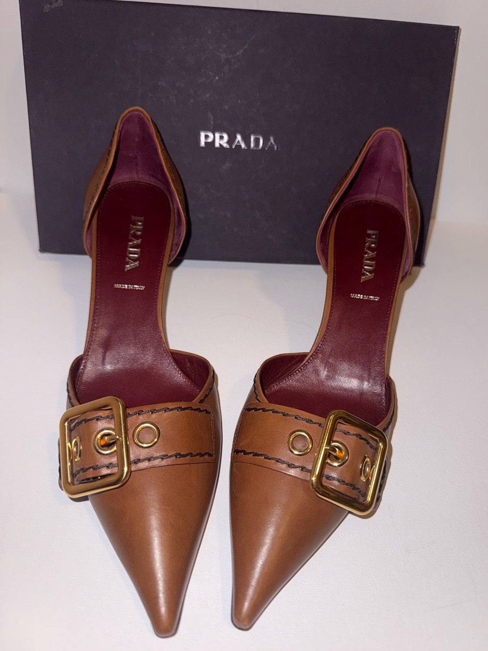 Vintage Prada Women’s d’Orsay Pumps in Smooth Tan Leather Pointed-Toe